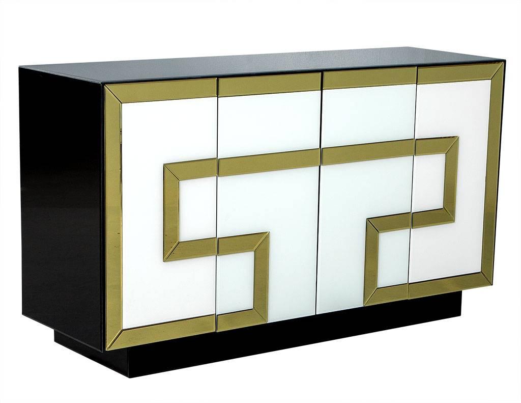 Chic Mirrored Glass Greek Key Cabinet In Excellent Condition In North York, ON