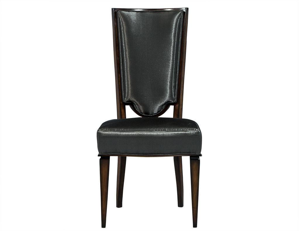 French Set of Eight Deco High Back Dining Chairs in Gun Metal Fabric