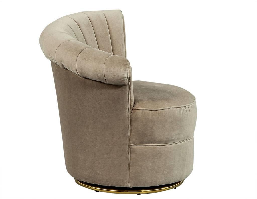 Contemporary Pair of Beige Velvet Swivel Shell Occasional Chairs