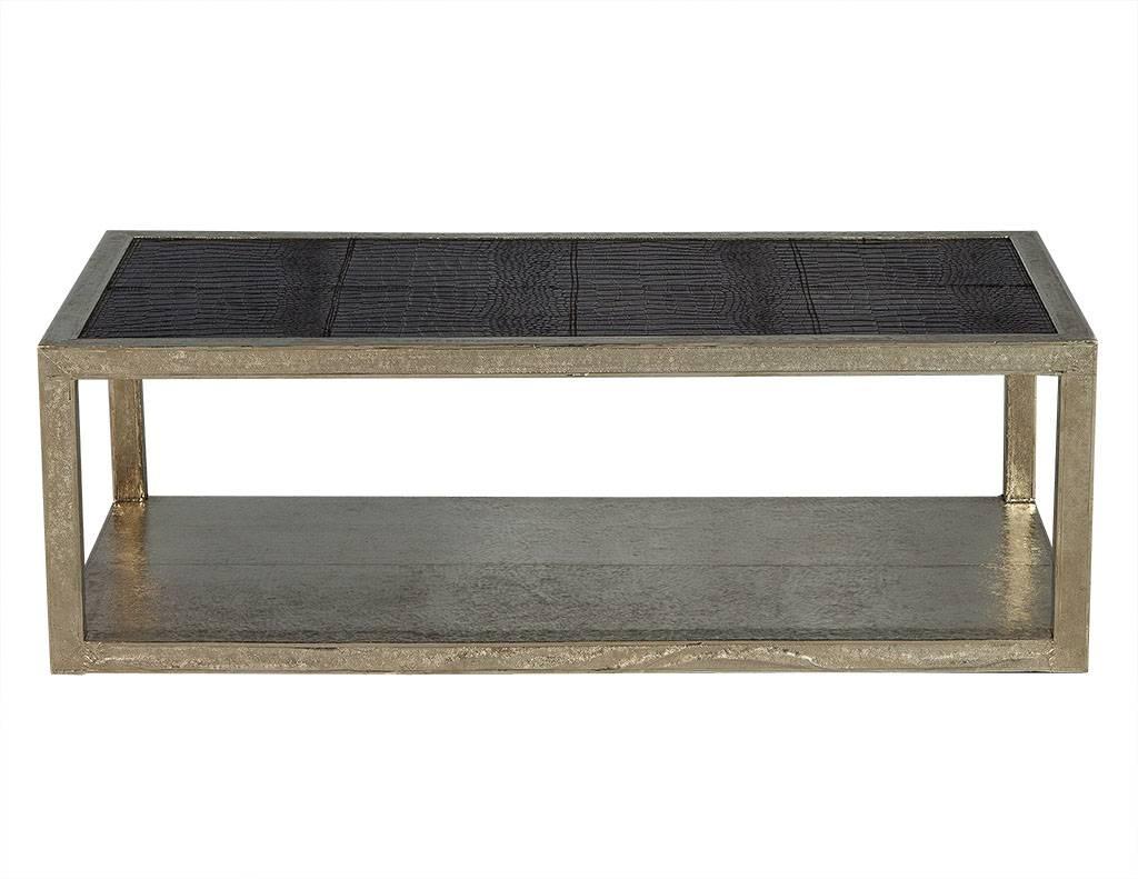 Modern Metal and Black Faux Croc Cocktail Table