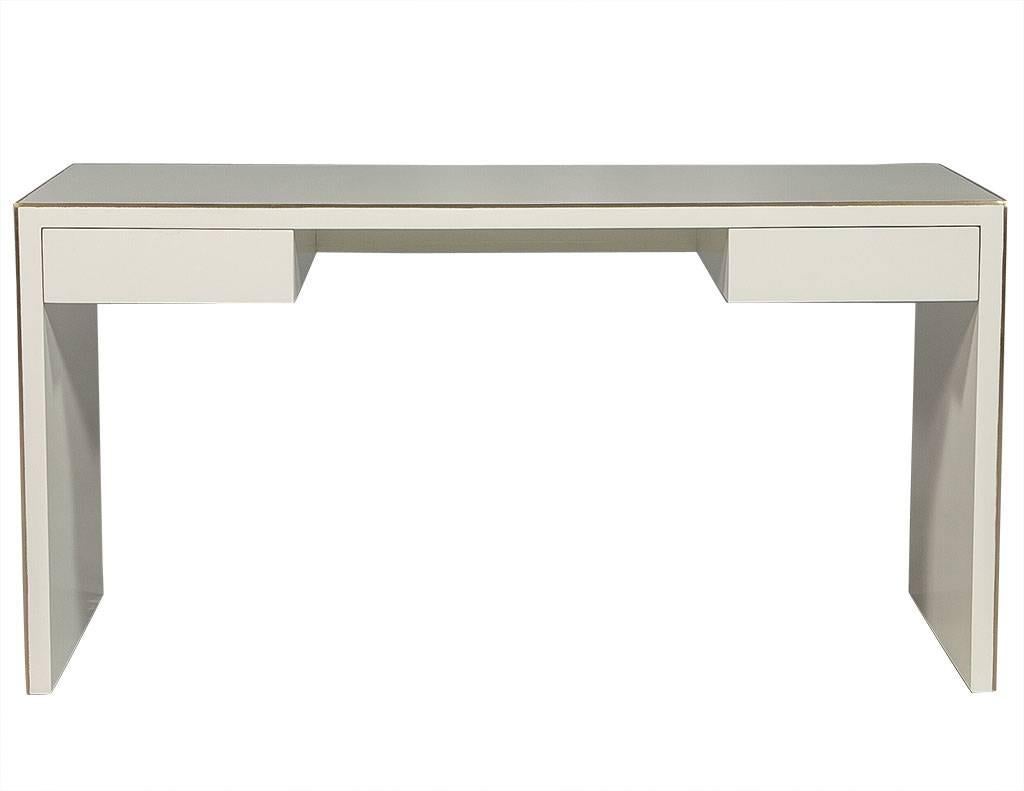 American Modern Cream Lacquered Desk with Brass Trim