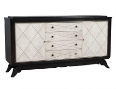 Antique Art Deco Ebonized Leather Sideboard Buffet Credenza