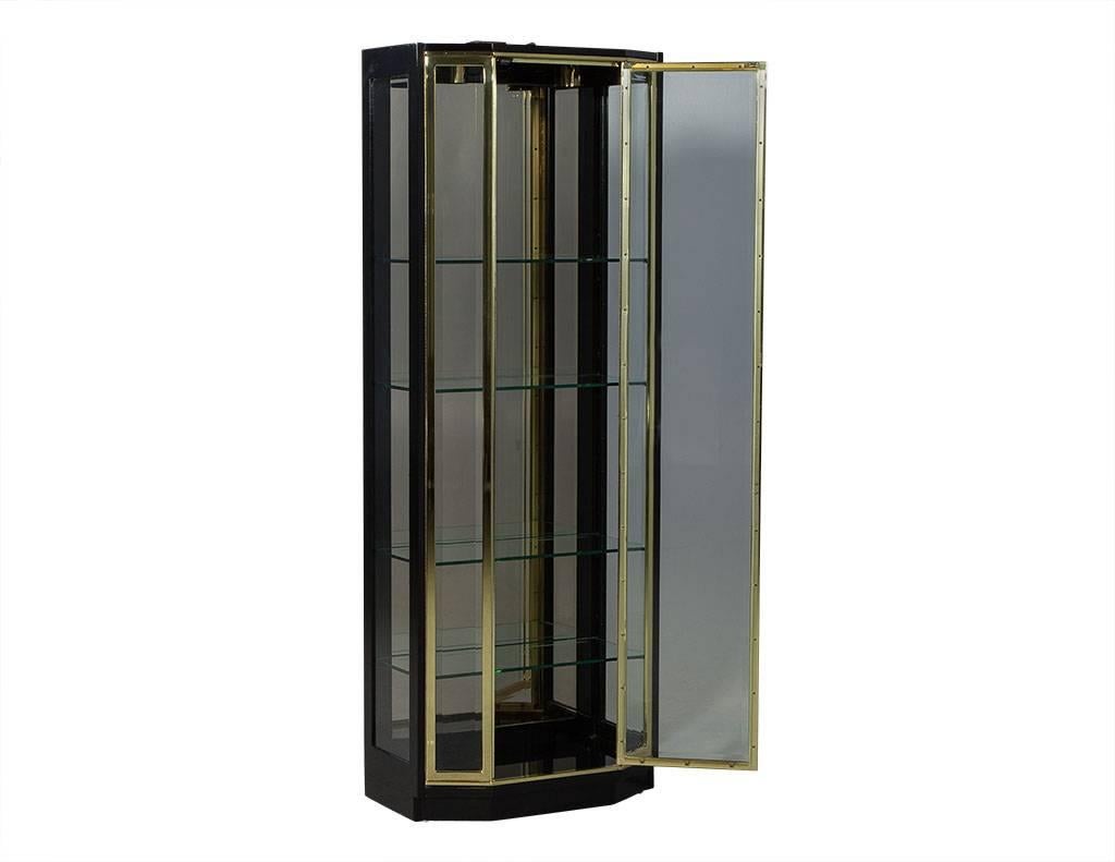 Mid-Century Modern Pair of Henredon Ebonized and Brass Curio Cabinets