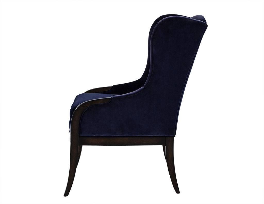 Pair of Custom Blue Velvet Wing Chairs In Excellent Condition In North York, ON