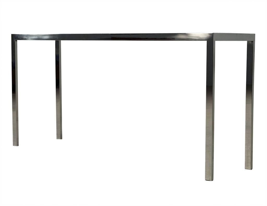 Modern Vintage Polished Stainless Steel Glass Top Console