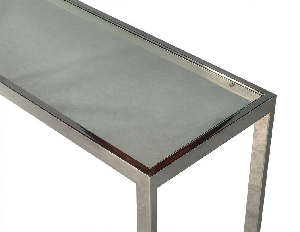 Mid-20th Century Vintage Polished Stainless Steel Glass Top Console