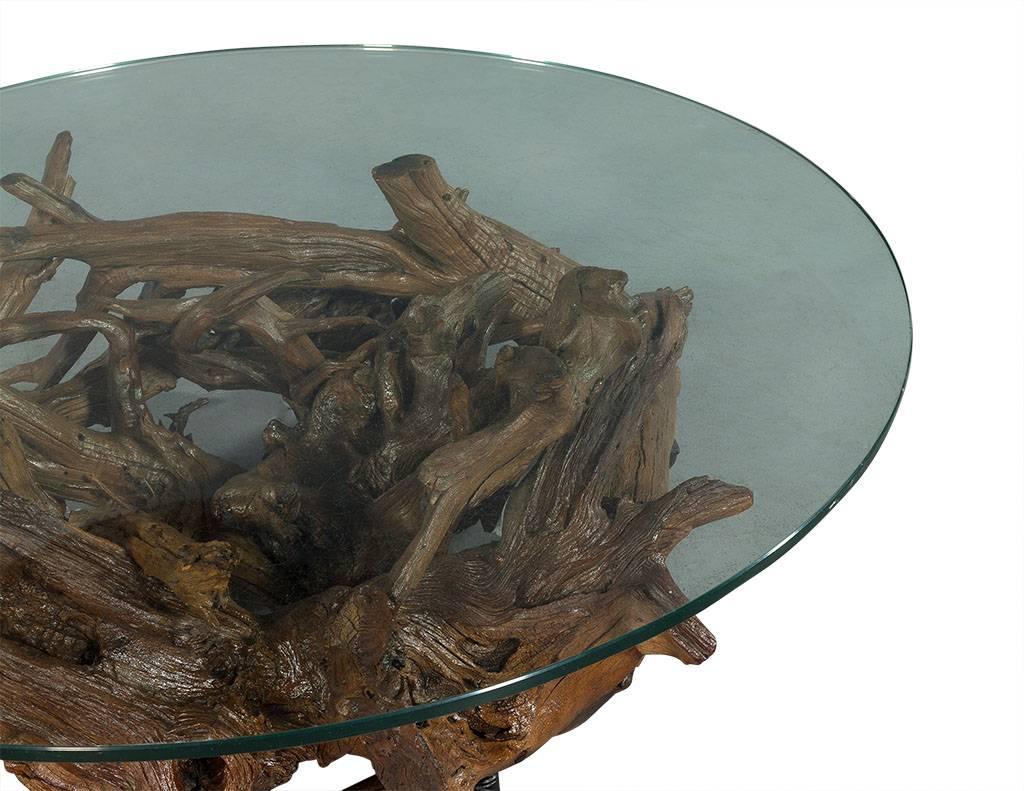 Rustic Vintage Driftwood Carved Glass Top Cocktail Table