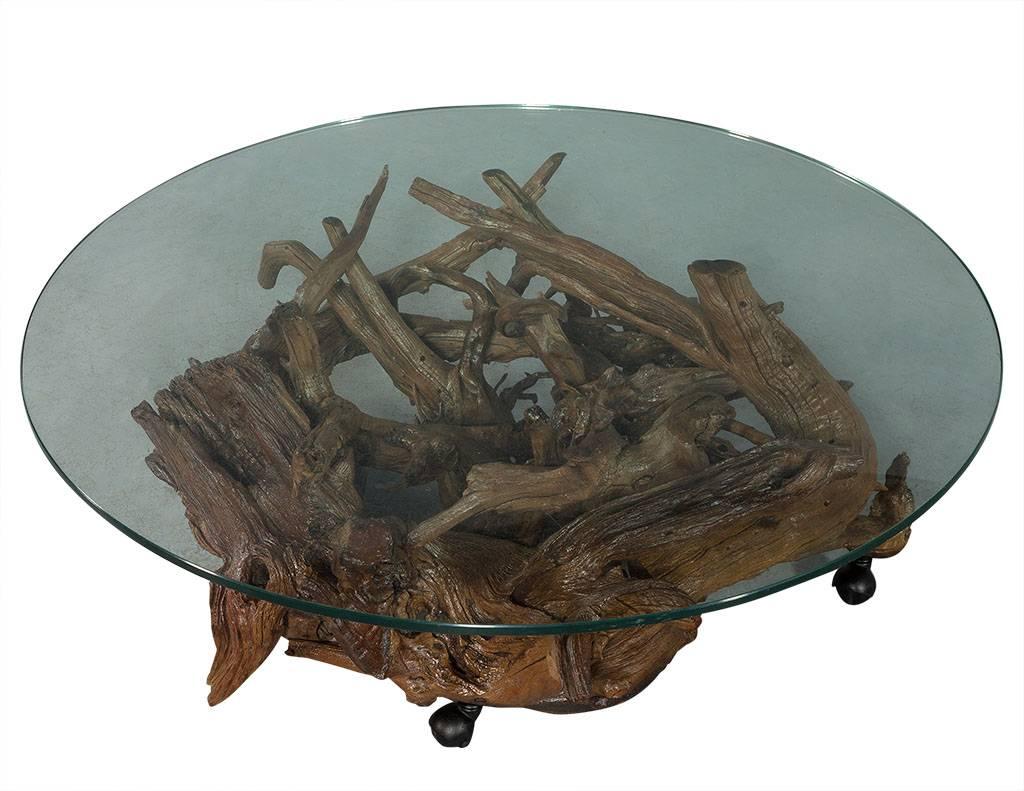 American Vintage Driftwood Carved Glass Top Cocktail Table