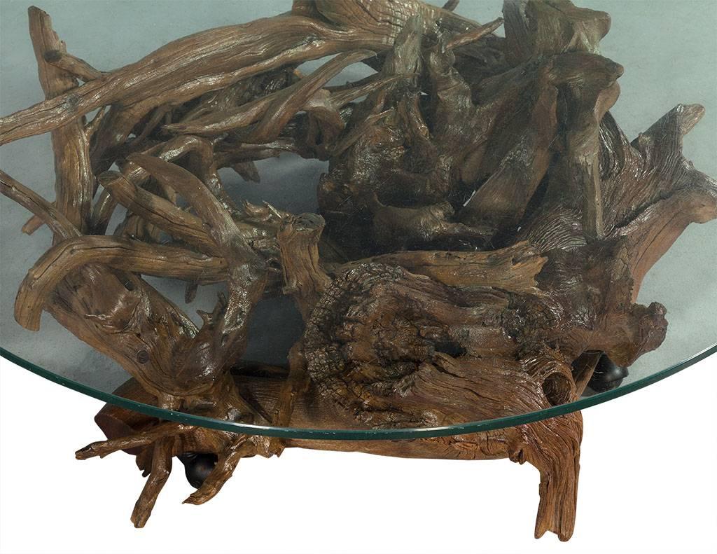 Vintage Driftwood Carved Glass Top Cocktail Table In Good Condition In North York, ON
