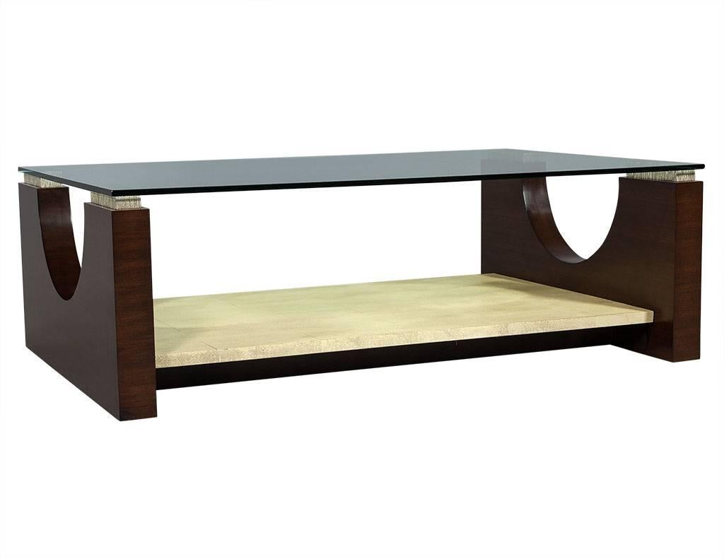 American Modern Rosewood and Parchment Glass Top Cocktail Table