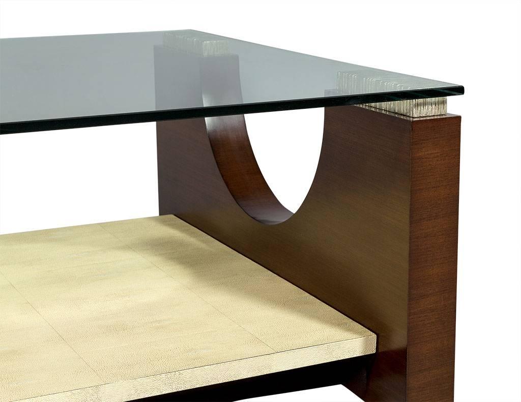 Contemporary Modern Rosewood and Parchment Glass Top Cocktail Table