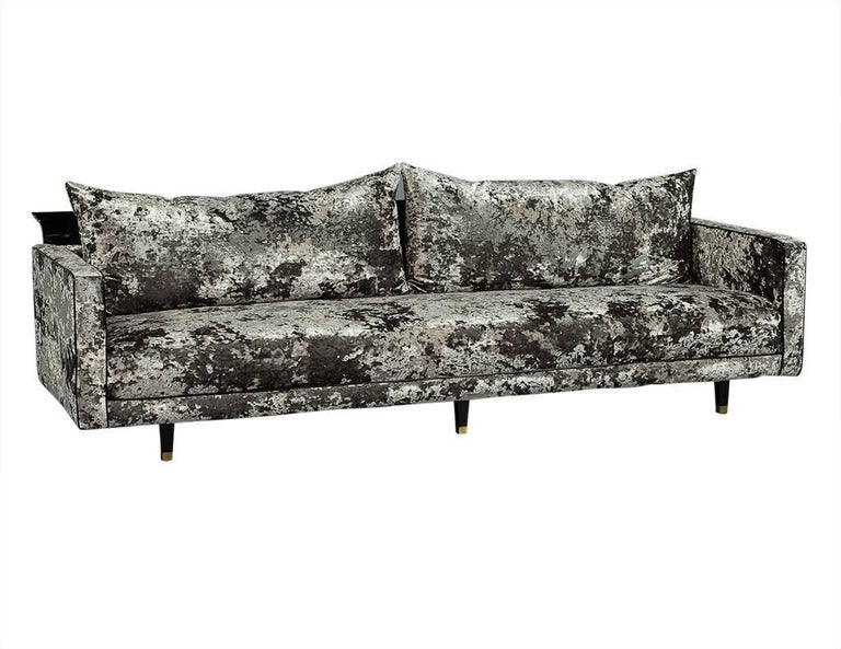 Mid-Century Modern Crushed Velvet with Show Wood Sofa at 1stdibs