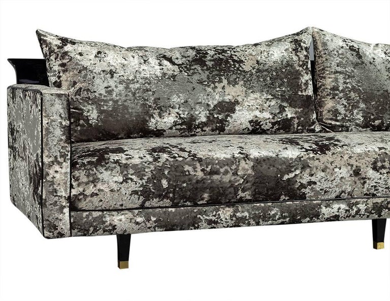 Mid-Century Modern Crushed Velvet with Show Wood Sofa at 1stdibs