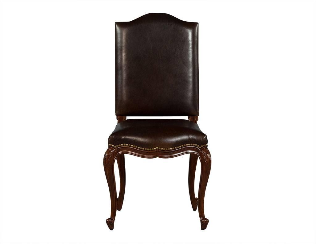 American Set of Eight Carved Leather Studded Louis XV Style Dining Chairs