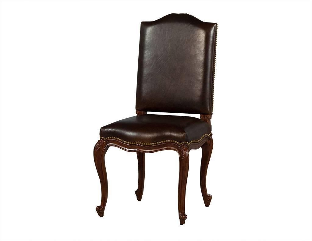 Set of Eight Carved Leather Studded Louis XV Style Dining Chairs In Excellent Condition In North York, ON
