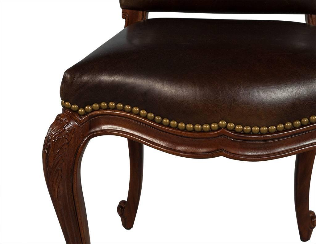 Set of Eight Carved Leather Studded Louis XV Style Dining Chairs 2
