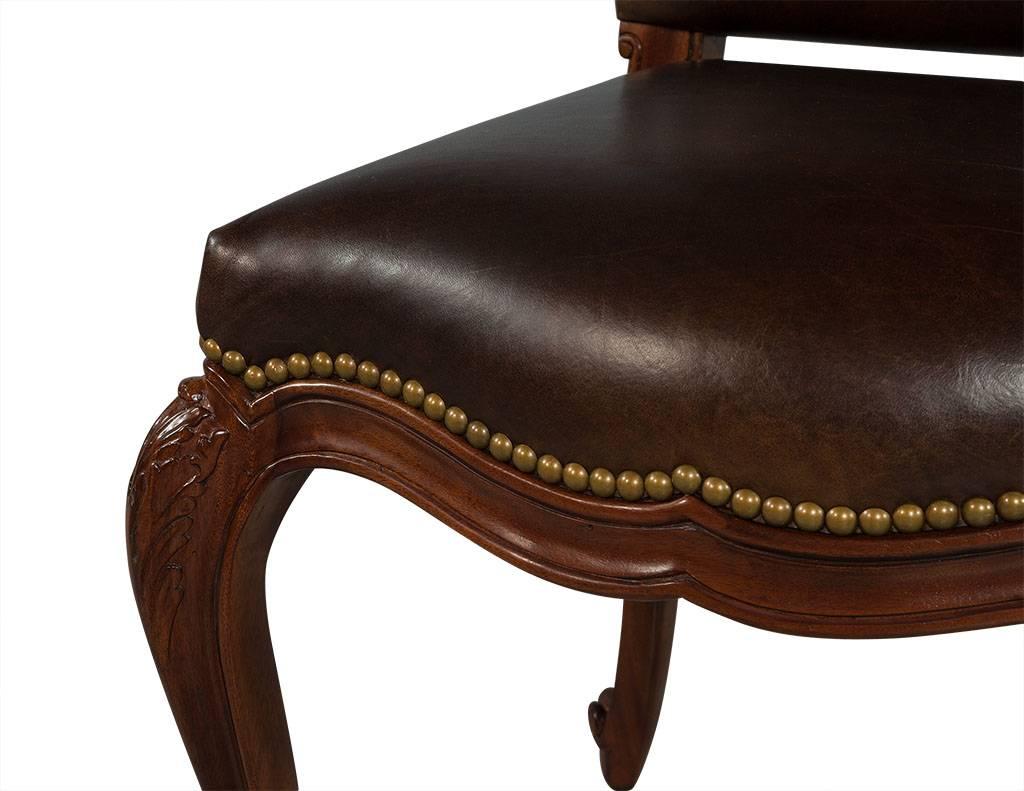 Set of Eight Carved Leather Studded Louis XV Style Dining Chairs 3