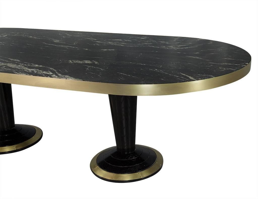 Custom Oval Modern Titanium Marble-Top Dining Table Trimmed in Brass In Excellent Condition In North York, ON