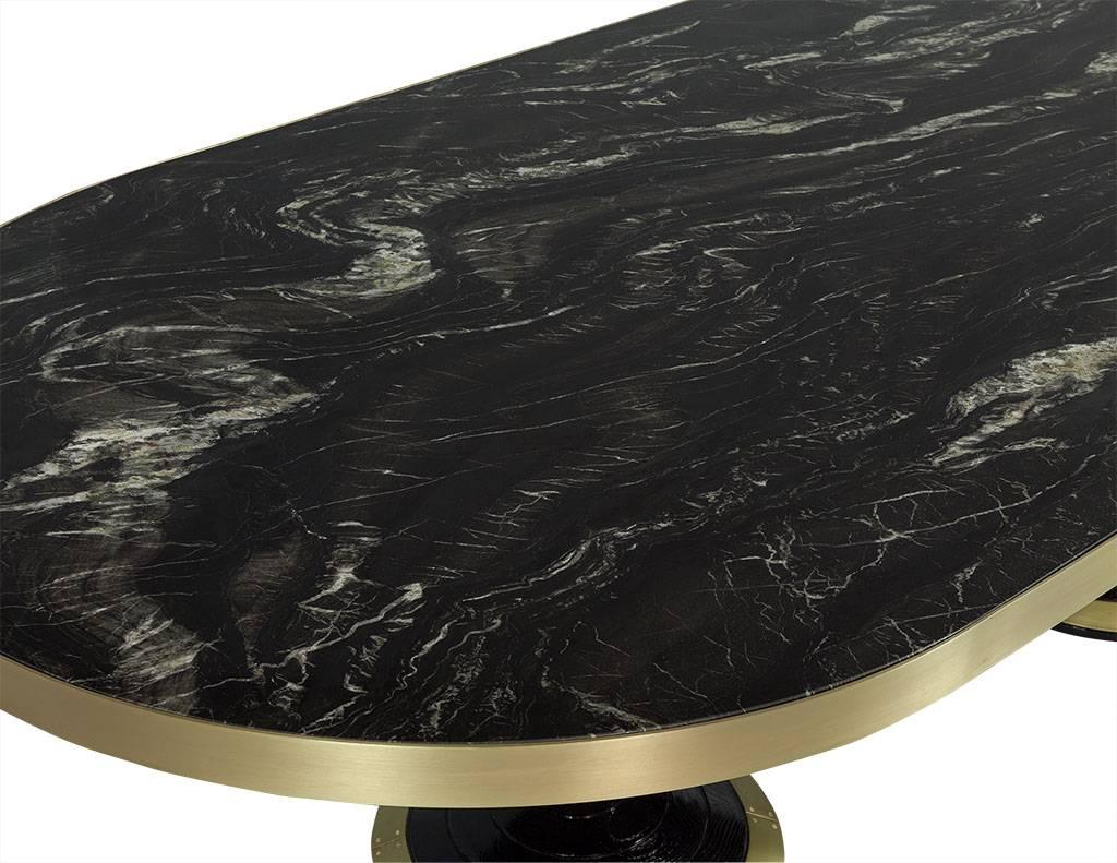 Contemporary Custom Oval Modern Titanium Marble-Top Dining Table Trimmed in Brass