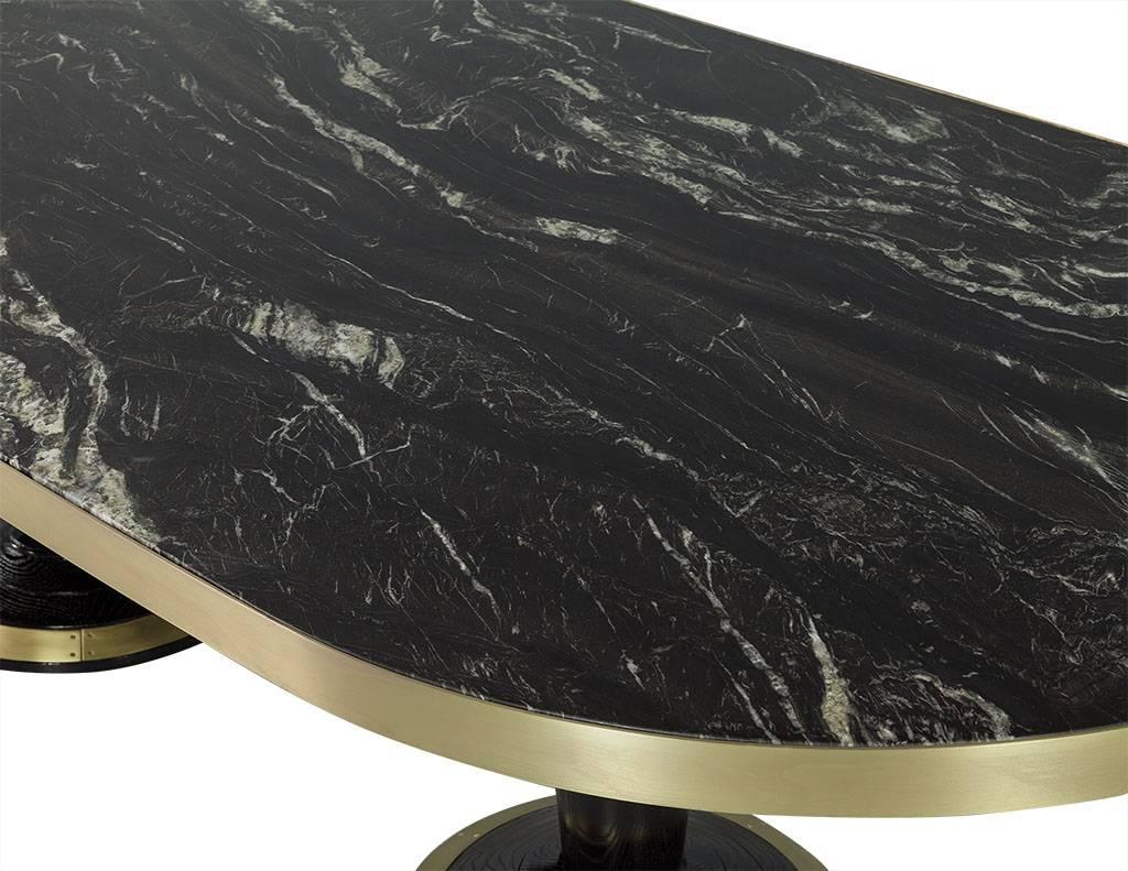 Metal Custom Oval Modern Titanium Marble-Top Dining Table Trimmed in Brass