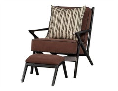 Pair of Black Wood Frame Slat Back Chairs with Ottomans