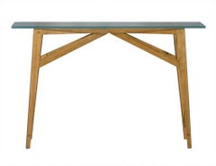 Pair of Vintage Oak Modern Glass Top Console Tables