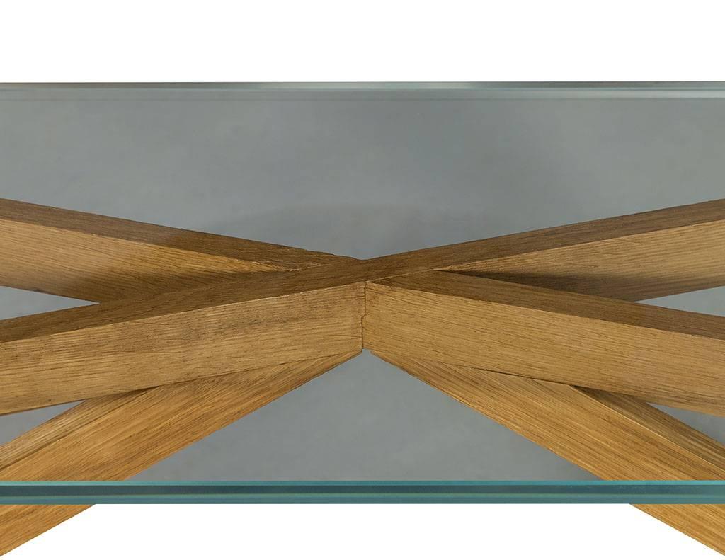 Pair of Vintage Oak Modern Glass Top Console Tables 1