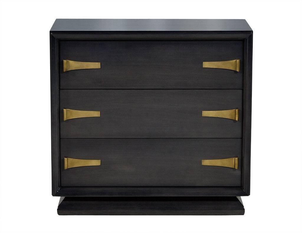 These vintage chests are made by Harjer Furniture of NYC and excellently restored as part of the Carrocel Revival collection.  Custom finished in a multi-step glazed slate gray finish, each piece consists of three solid oak dovetail drawers and are