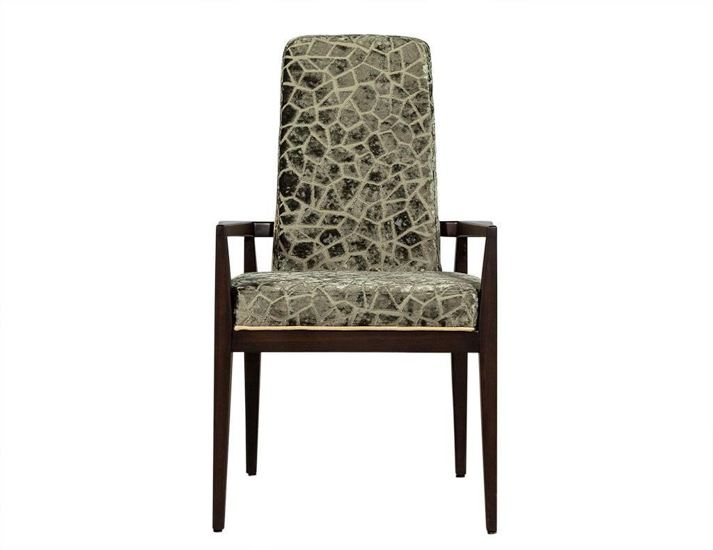 Pair of Mid-Century walnut frame accent chairs with a high back design and interesting contrast piped feature on the wood panelled back. Designer luxury fabric, newly upholstered. The perfect statement for bold dining room or office.