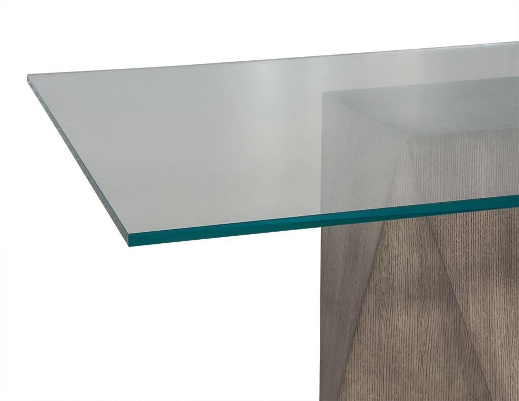 Modern Custom Glass-Top with Geometric Pedestal Dining Table For Sale