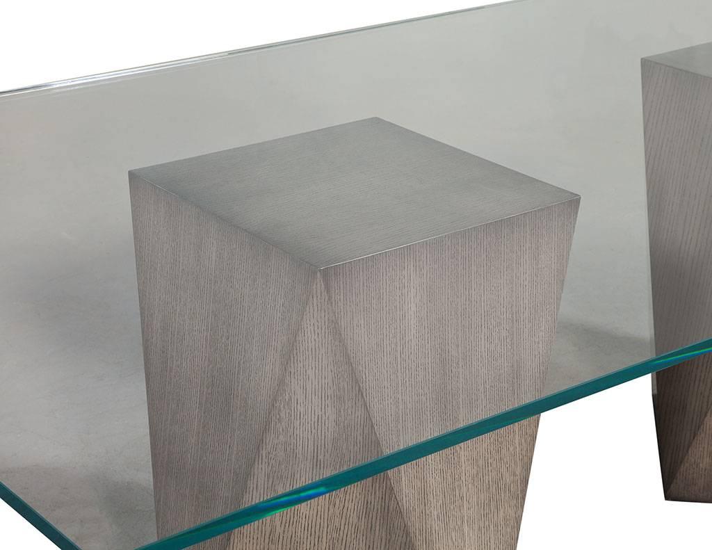 Canadian Custom Glass-Top with Geometric Pedestal Dining Table For Sale