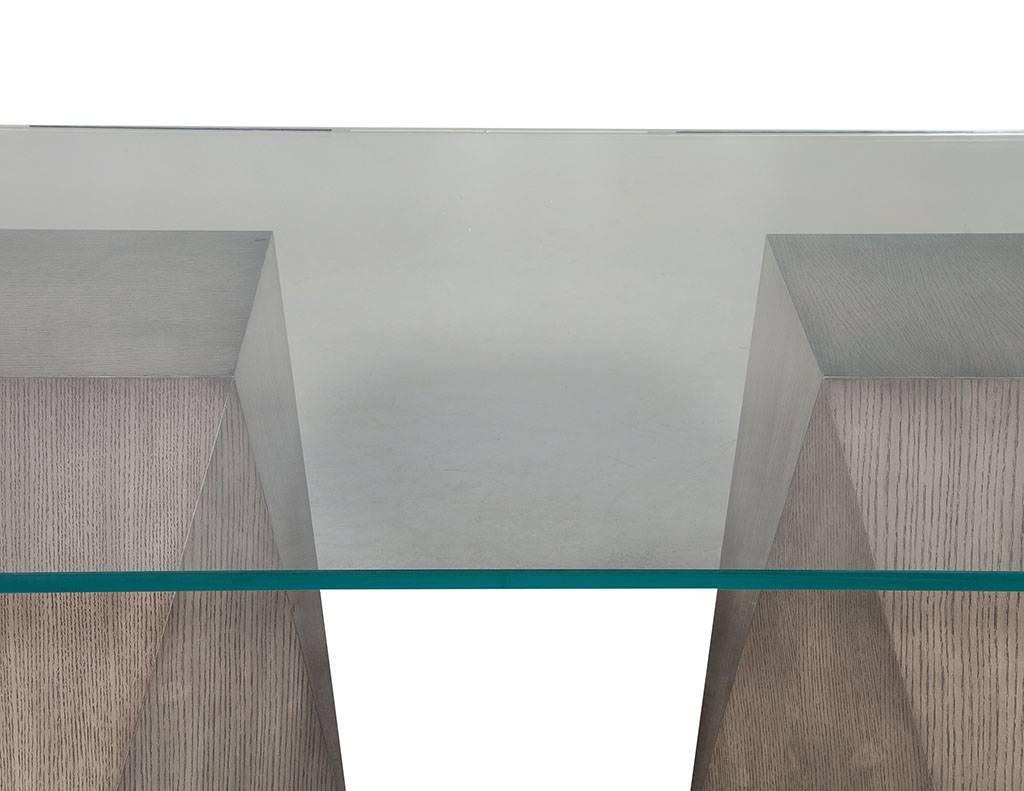 Custom Glass-Top with Geometric Pedestal Dining Table In Excellent Condition For Sale In North York, ON