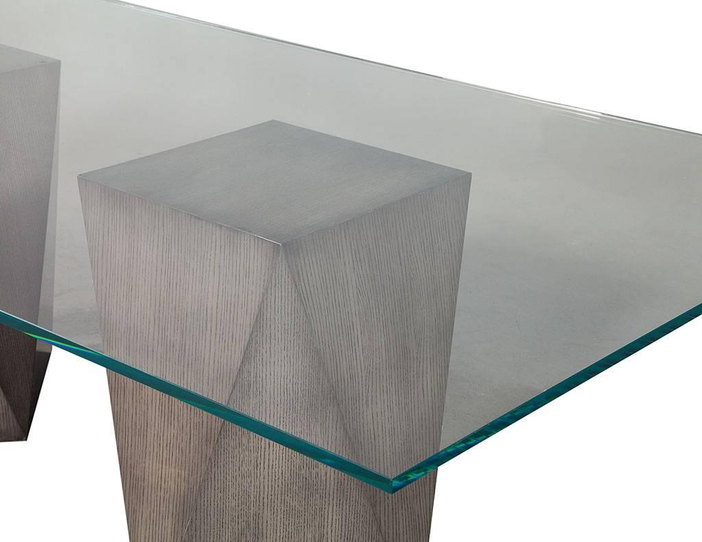 Contemporary Custom Glass-Top with Geometric Pedestal Dining Table For Sale