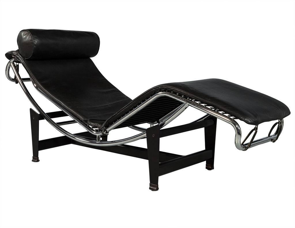 Mid-Century Modern Le Corbusier Style Leather and Polished Stainless Steel Chaise