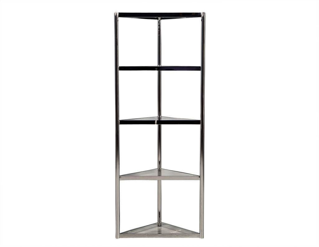 These modern shelving units are simple in design but luxuriously detailed, the contrast of the chrome and glass is a testament to 1960’s style and fun.  Beautiful and functional, these pieces are a perfect pair for any home.