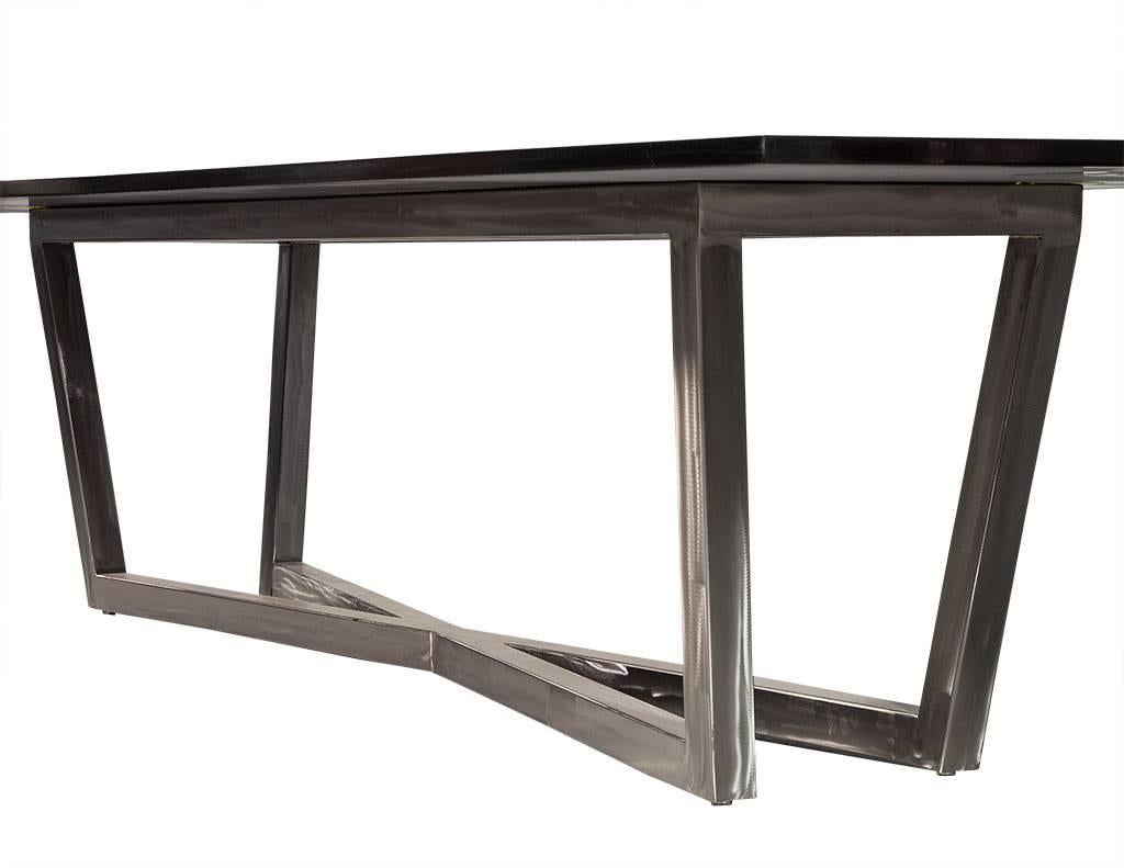 Carrocel Custom Modern Brushed Steel X Base Black Lacquer Dining Table In Excellent Condition In North York, ON