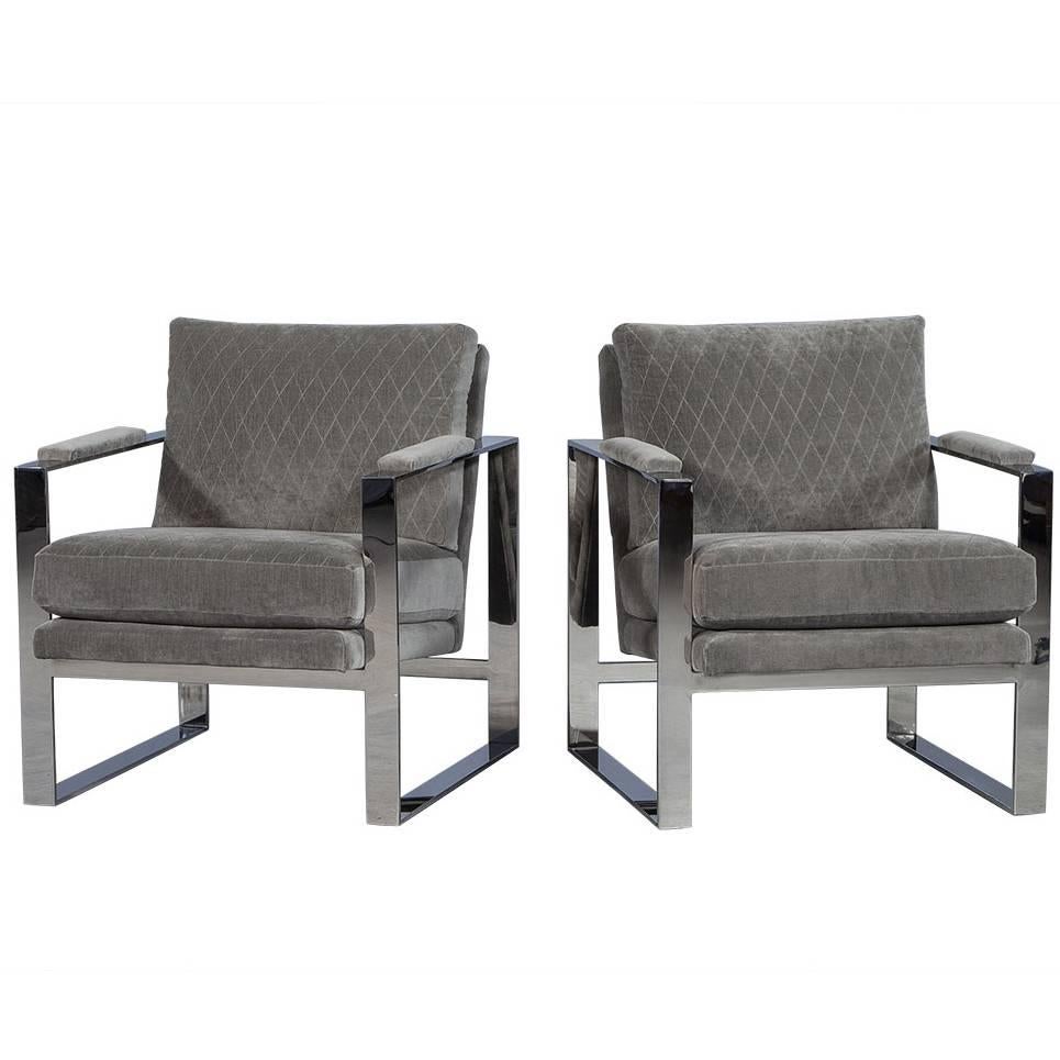 Pair of Grey Velvet and Stainless Steel Lounge Chairs