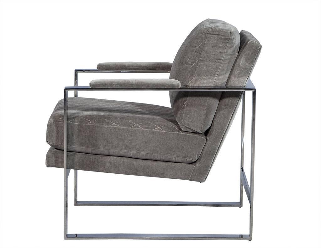 Mid-Century Modern Pair of Grey Velvet and Stainless Steel Lounge Chairs For Sale