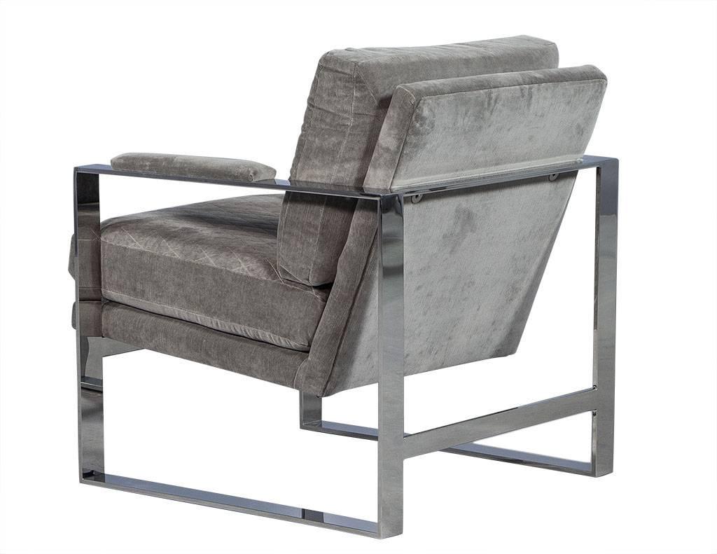 American Pair of Grey Velvet and Stainless Steel Lounge Chairs For Sale