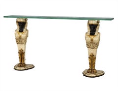 Vintage Pharaoh Base Glass Top Console Table