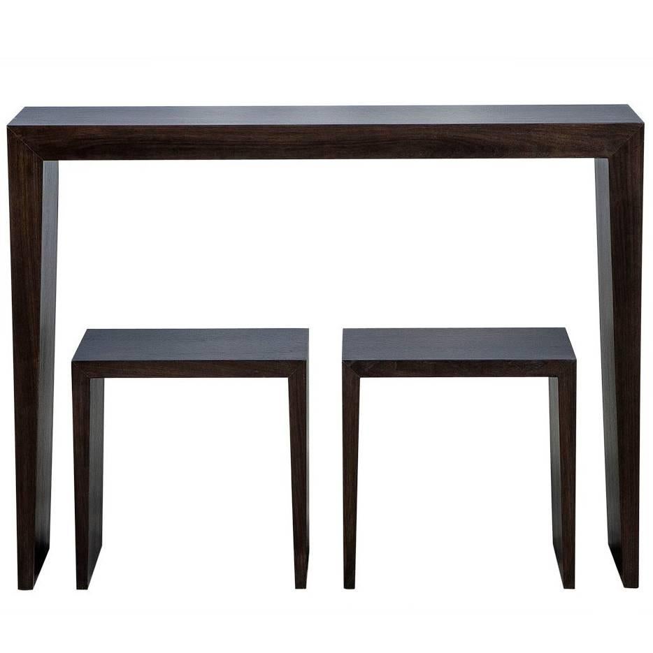 Carrocel Custom Walnut Console Table with Stool Set For Sale