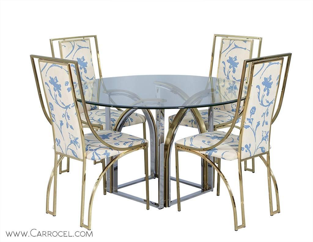 Fabric Set of Four Italian Vintage Solid Brass Dining Chairs