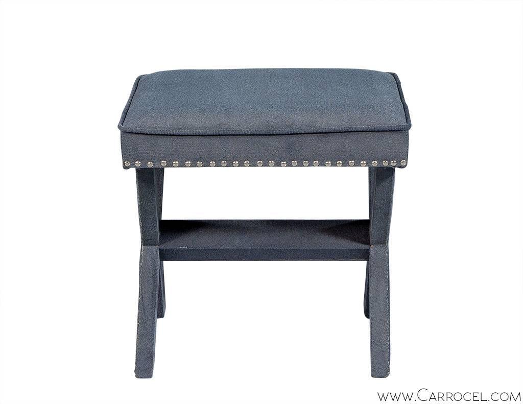Pair of Grey-Blue Upholstered X-Frame Benches In Excellent Condition In North York, ON