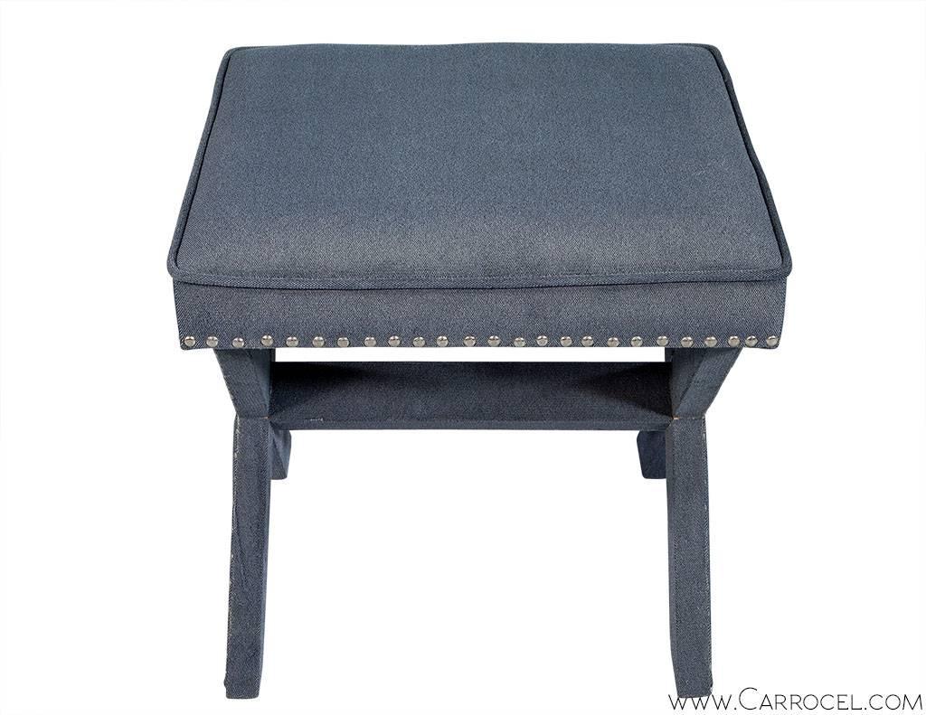 Pair of Grey-Blue Upholstered X-Frame Benches 3