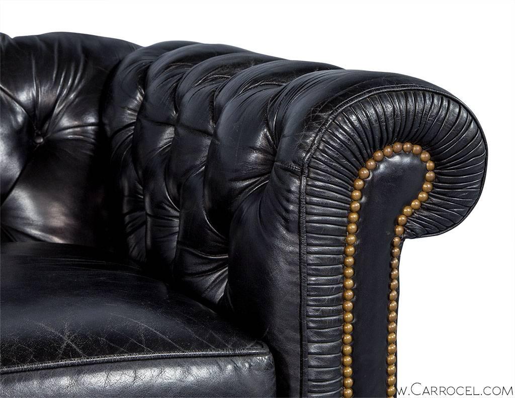 Distressed Black Leather Chesterfield In Excellent Condition In North York, ON