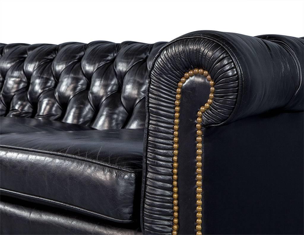 20th Century Distressed Black Leather Chesterfield