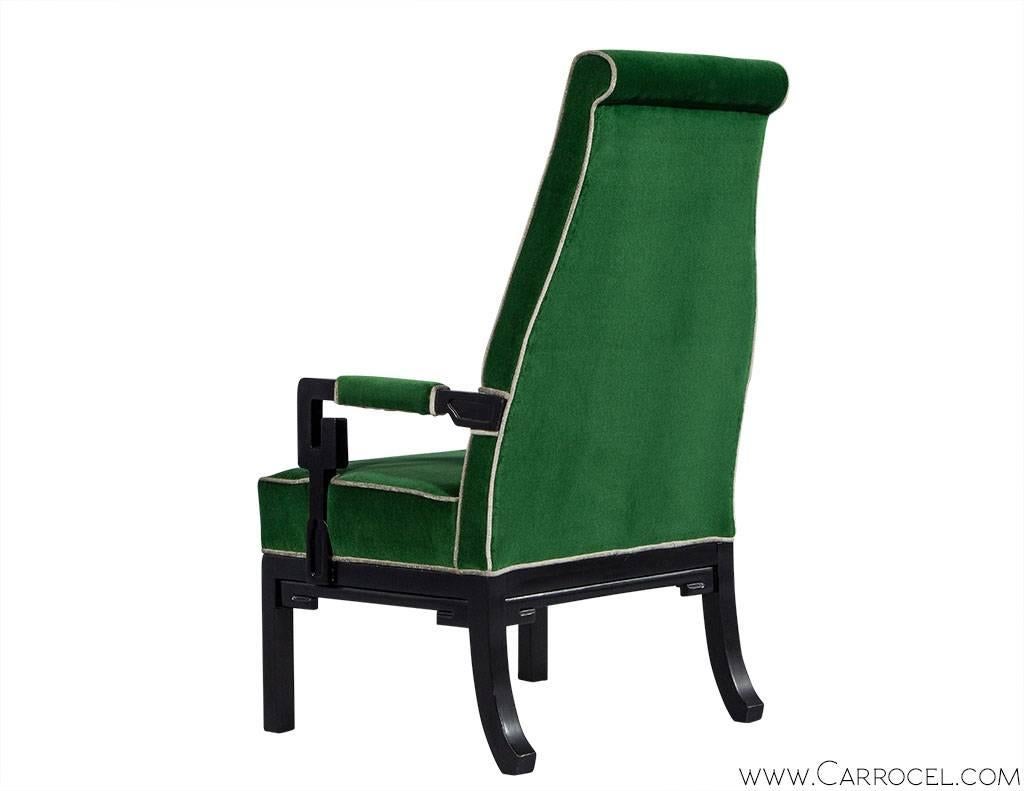 Pair of Greek Key Green Velvet Accent Chairs In Excellent Condition In North York, ON