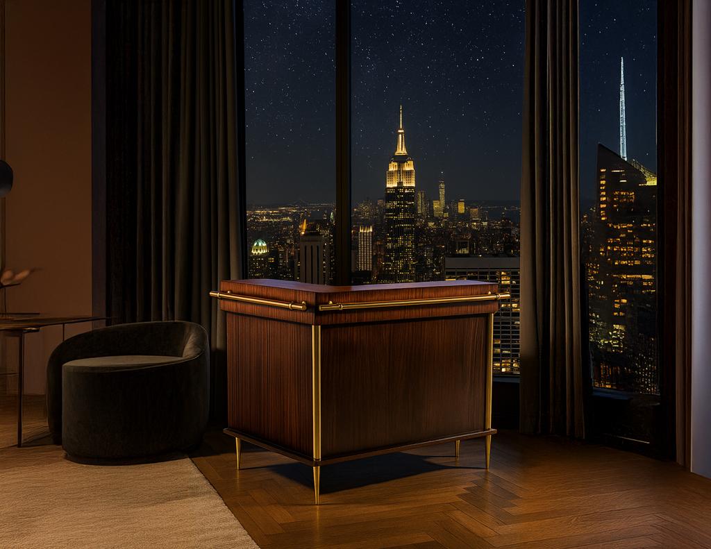 Own a piece of design history with this stunning Art Deco bar cabinet by the iconic French designer Jules Leleu. Crafted in France around the 1940s, it showcases the exquisite beauty of walnut wood grains enhanced by elegant brass details and trim