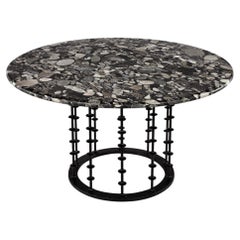 Vintage Italian Round Agate Stone Dining Table with Hammered Iron Metal Base