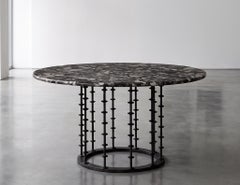 Vintage Italian Round Agate Stone Dining Table with Hammered Iron Metal Base